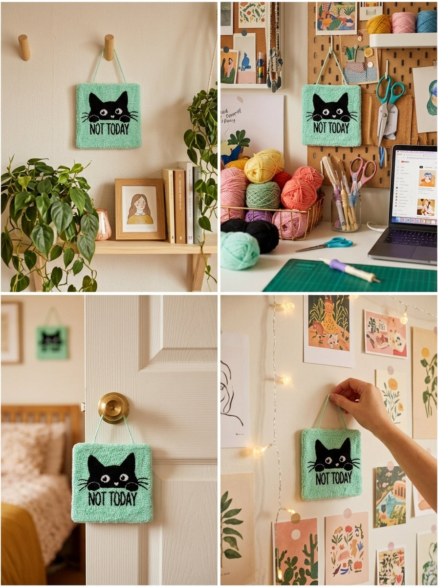 Niedlicher schwarzer Katzen-Punch-Needle-Wandbehang, handgefertigter Stick-Wandteppich mit Kawaii-Katzen-Design, weiche Garn-Faser-Kunst-Deko für Schlafzimmer, Wohnzimmer, Büro und Geschenk für Katzenliebhaber
