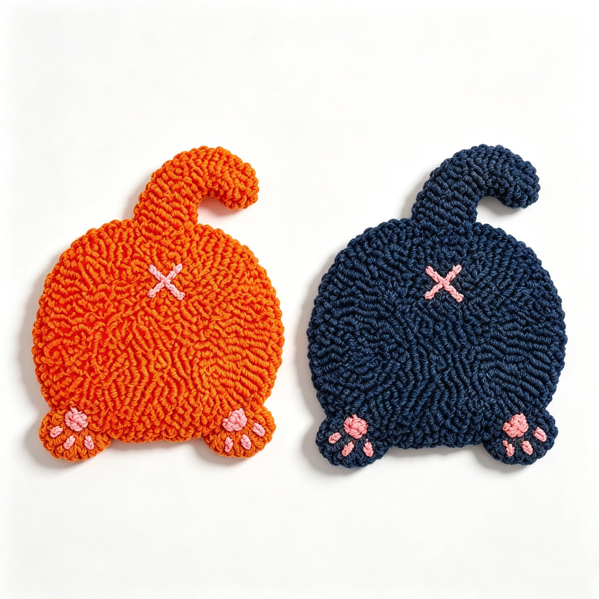 Punch Needle Cat Butt Coasters, Cute Cat Paw Shaped Yarn Mug Rugs, Handmade Style Tufted Drink Coasters for Coffee Cups and Tea Mugs, Kawaii Cat Lover Gifts, Fun Home and Desk Decor