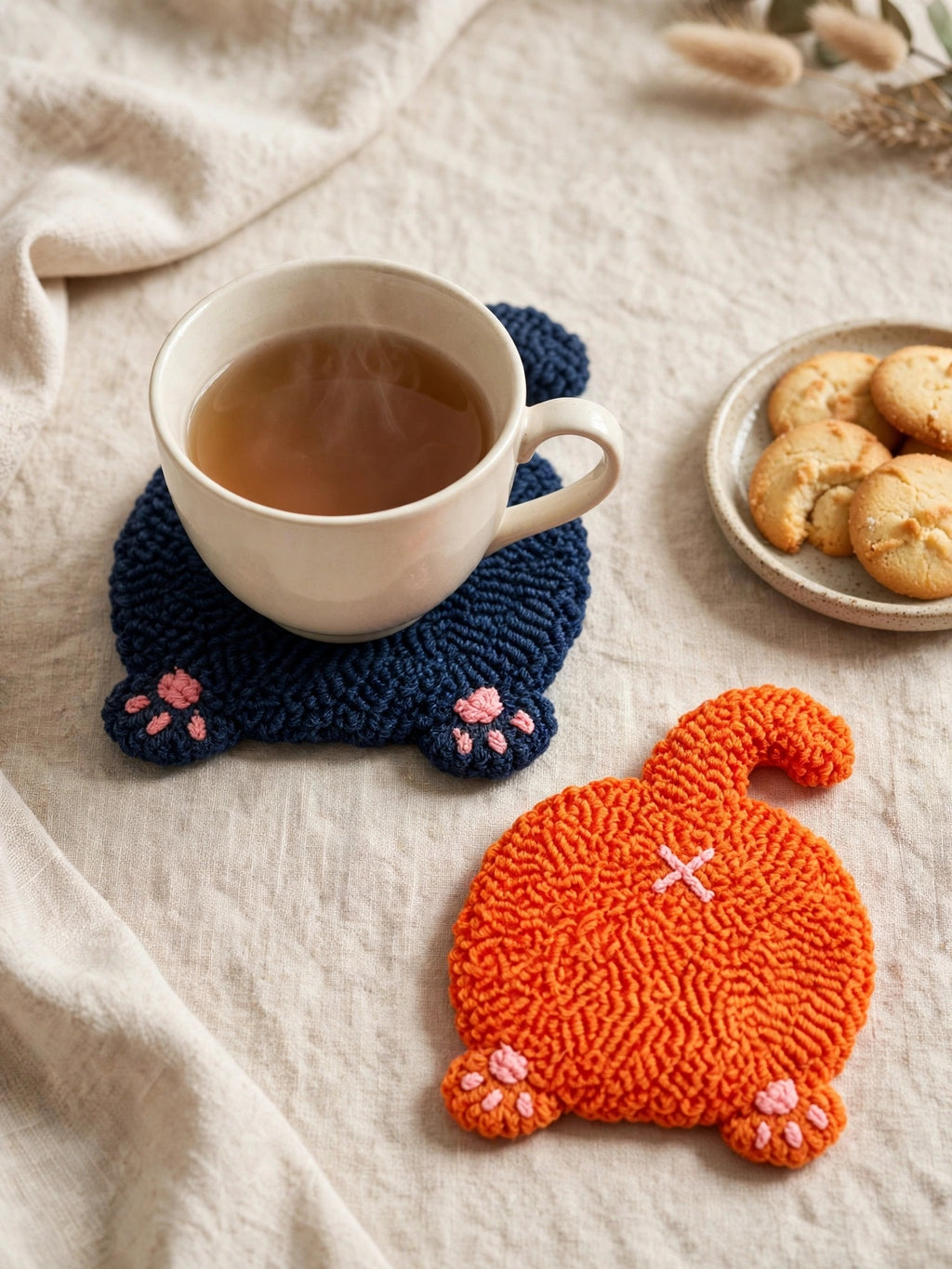 Punch Needle Cat Butt Coasters, Cute Cat Paw Shaped Yarn Mug Rugs, Handmade Style Tufted Drink Coasters for Coffee Cups and Tea Mugs, Kawaii Cat Lover Gifts, Fun Home and Desk Decor