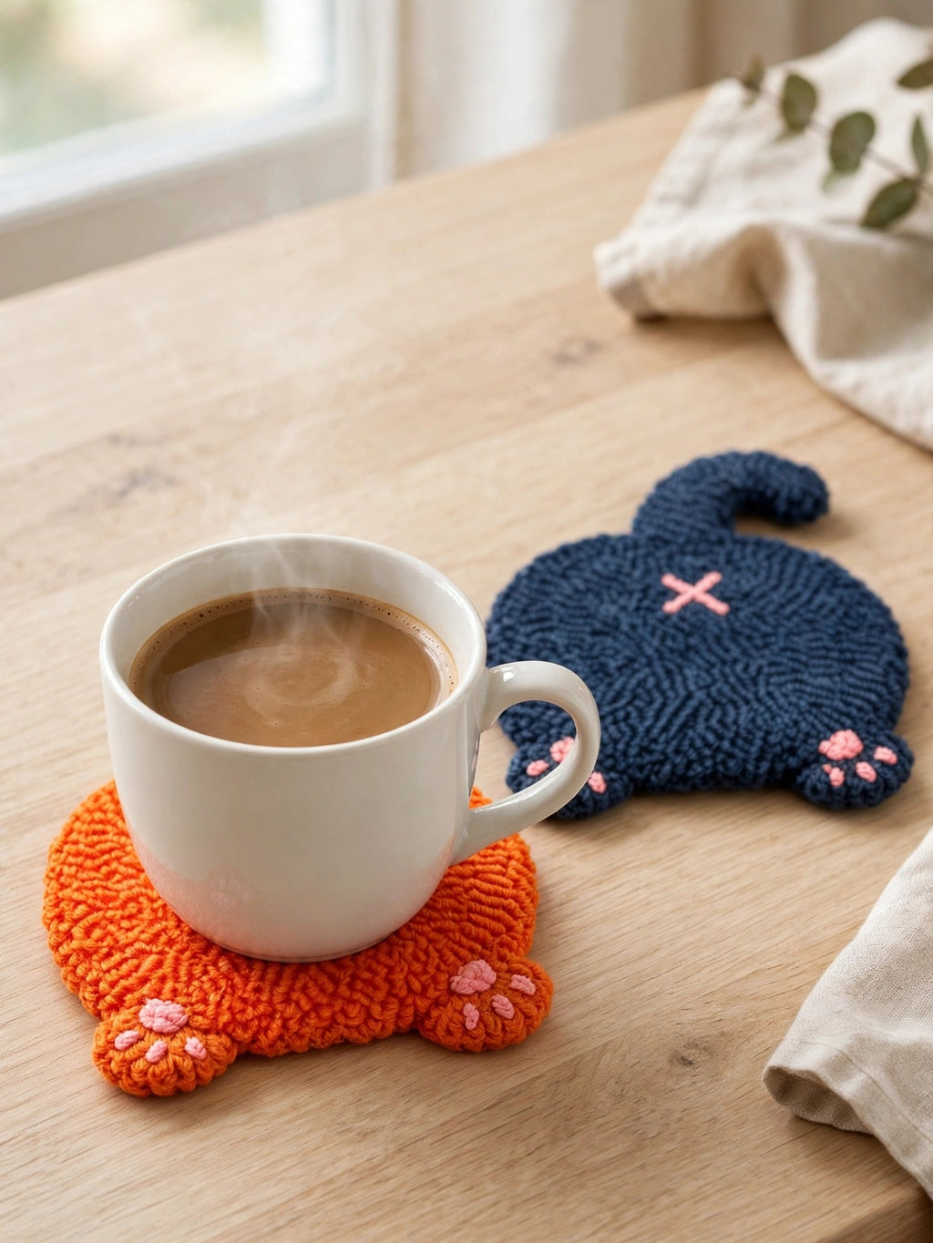 Punch Needle Cat Butt Coasters, Cute Cat Paw Shaped Yarn Mug Rugs, Handmade Style Tufted Drink Coasters for Coffee Cups and Tea Mugs, Kawaii Cat Lover Gifts, Fun Home and Desk Decor
