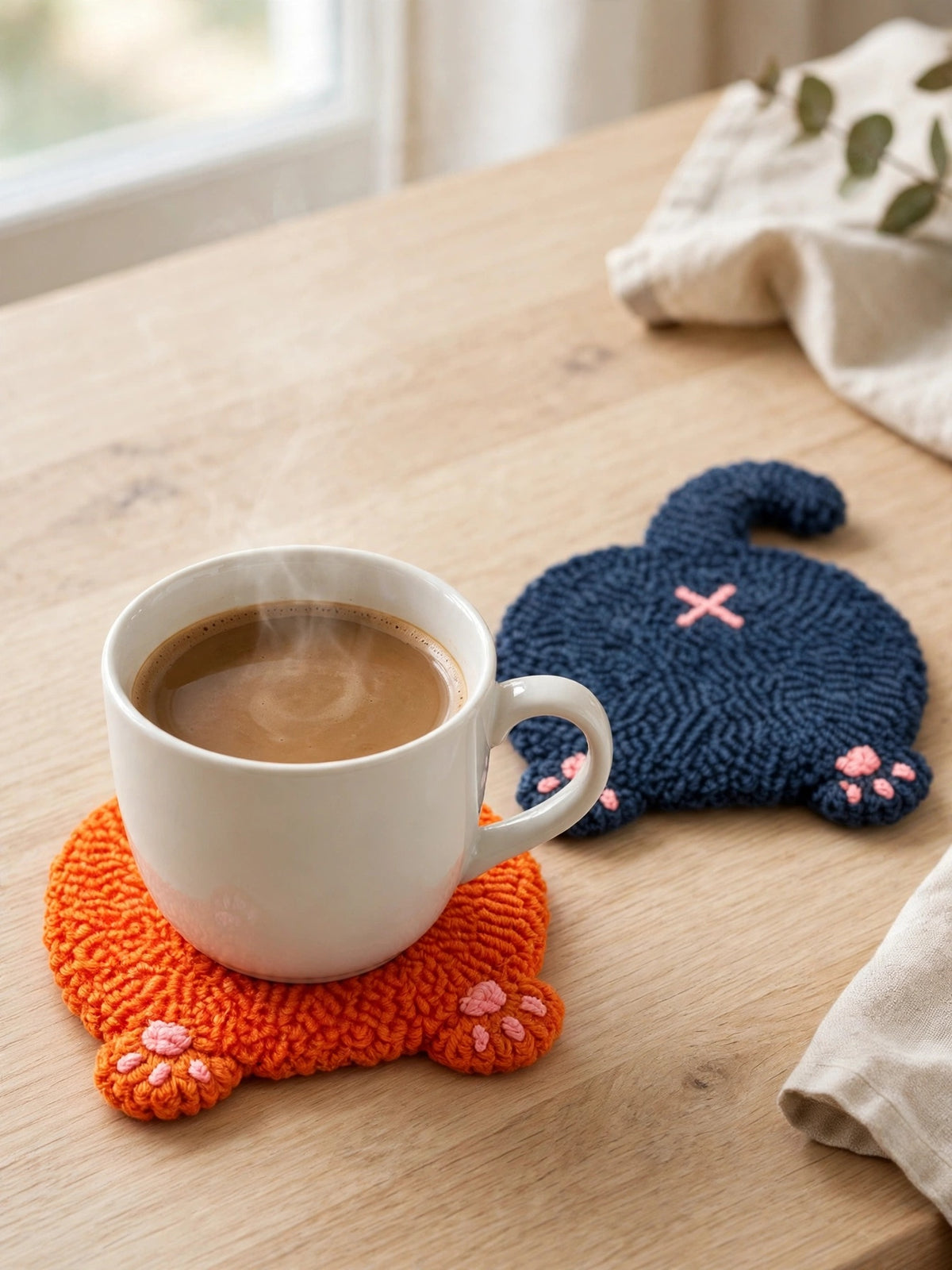 Punch Needle Cat Butt Coasters, Cute Cat Paw Shaped Yarn Mug Rugs, Handmade Style Tufted Drink Coasters for Coffee Cups and Tea Mugs, Kawaii Cat Lover Gifts, Fun Home and Desk Decor