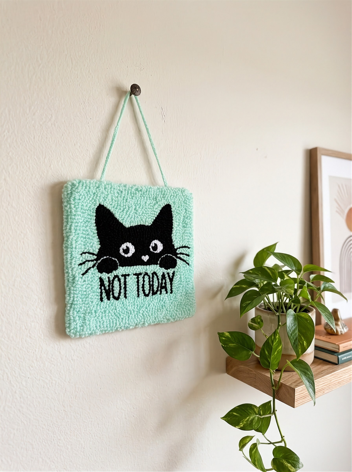 Niedlicher schwarzer Katzen-Punch-Needle-Wandbehang, handgefertigter Stick-Wandteppich mit Kawaii-Katzen-Design, weiche Garn-Faser-Kunst-Deko für Schlafzimmer, Wohnzimmer, Büro und Geschenk für Katzenliebhaber