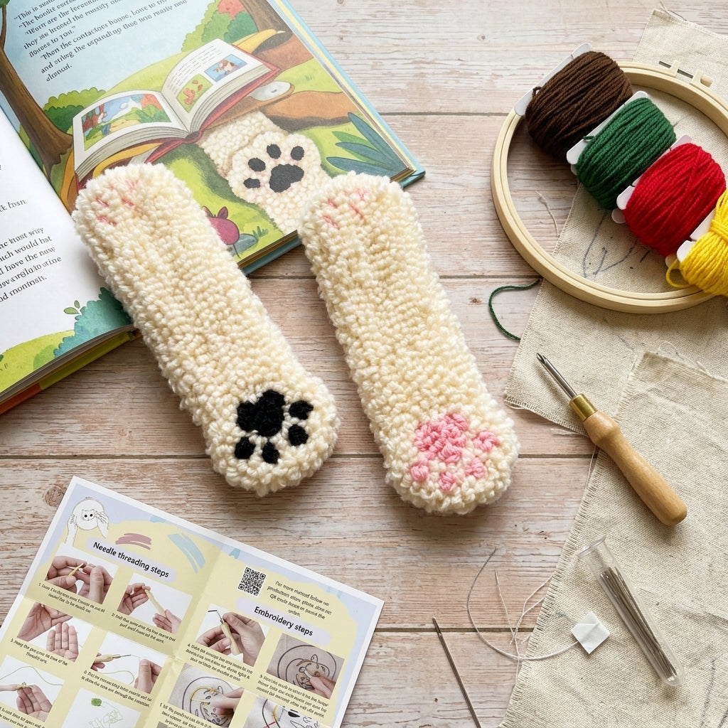 2-teiliges Katzenpfoten-Punch-Needle-Lesezeichen-Set, DIY-Stickset mit buntem Garn, Stickrahmen, bedrucktem Stoff und Punch-Needle-Werkzeugen, Bastelset für Anfänger, Erwachsene und Jugendliche