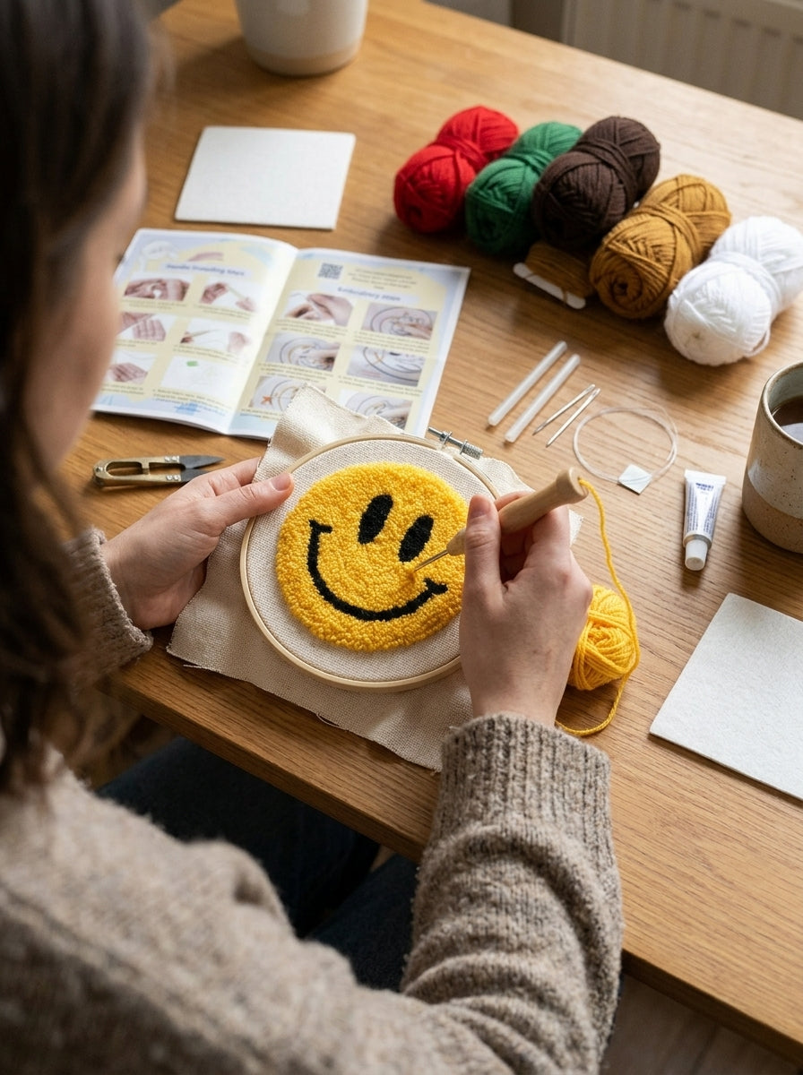 Punch Needle Smiley Face Coaster, 1 Piece Cute Tufted Yarn Drink Mat, Soft Round Happy Face Cup Coaster with Handmade Style Texture, Decorative Mug Coaster for Coffee Cups, Tea Cups, Home and Office Decor, Cute Gift for Craft Lovers