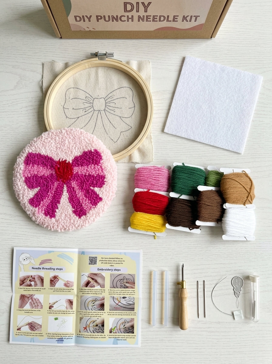 Cute Pink Bow Punch Needle Coaster, Kawaii Embroidery Mug Mat with Soft Textured Yarn, Coquette Style Drink Coaster for Coffee Cups, Aesthetic Desk and Home Decor, Gift for Women and Teens