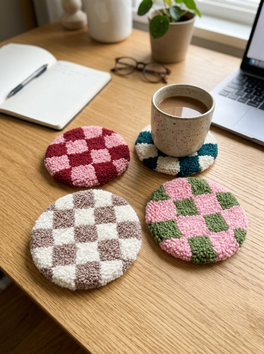 Punch Needle Checkerboard Coaster, 1 Piece Cute Tufted Yarn Cup Mat, Soft Round Checkered Drink Coaster with Handmade Style Texture, Decorative Mug Coaster for Coffee Cups, Tea Cups, Home and Office Decor, Gift for Craft Lovers