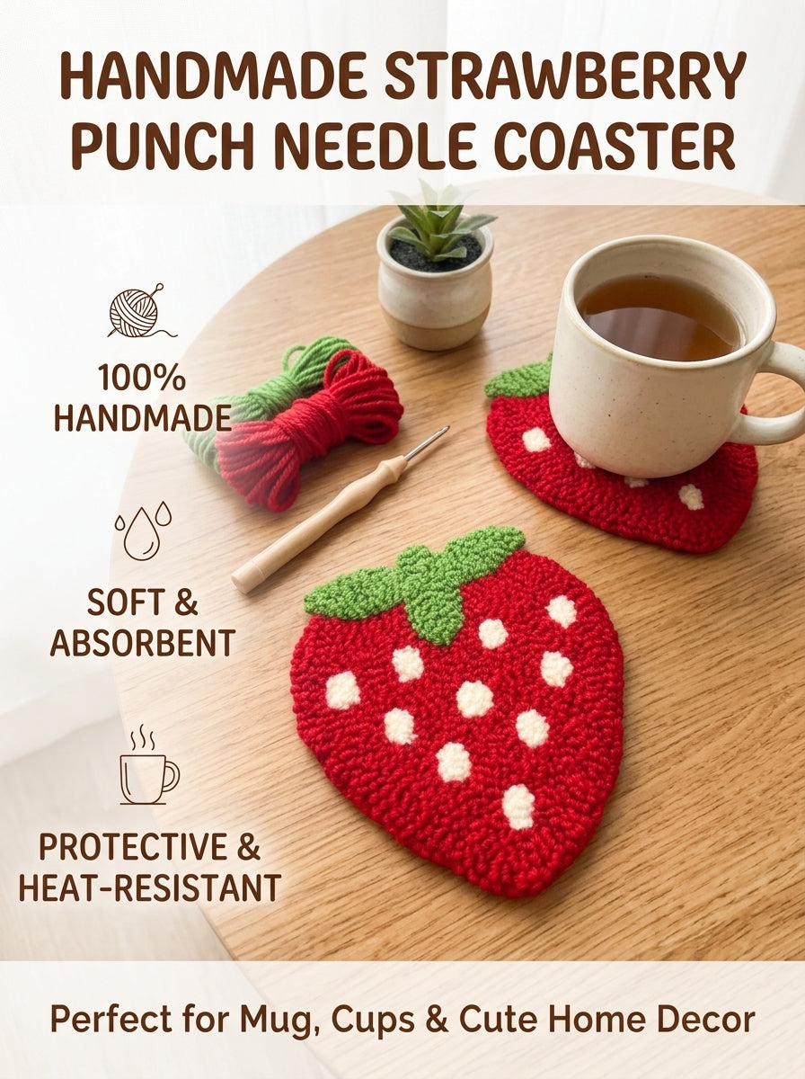 Niedlicher Erdbeer-Punch-Needle-Untersetzer, Kawaii-Frucht-Stickerei-Tassenmatte mit weicher Plüschtextur, handgefertigter Tassenuntersetzer als Couchtisch-Deko, süßes Wohndeko-Geschenk für Frauen, Teenager und Erwachsene