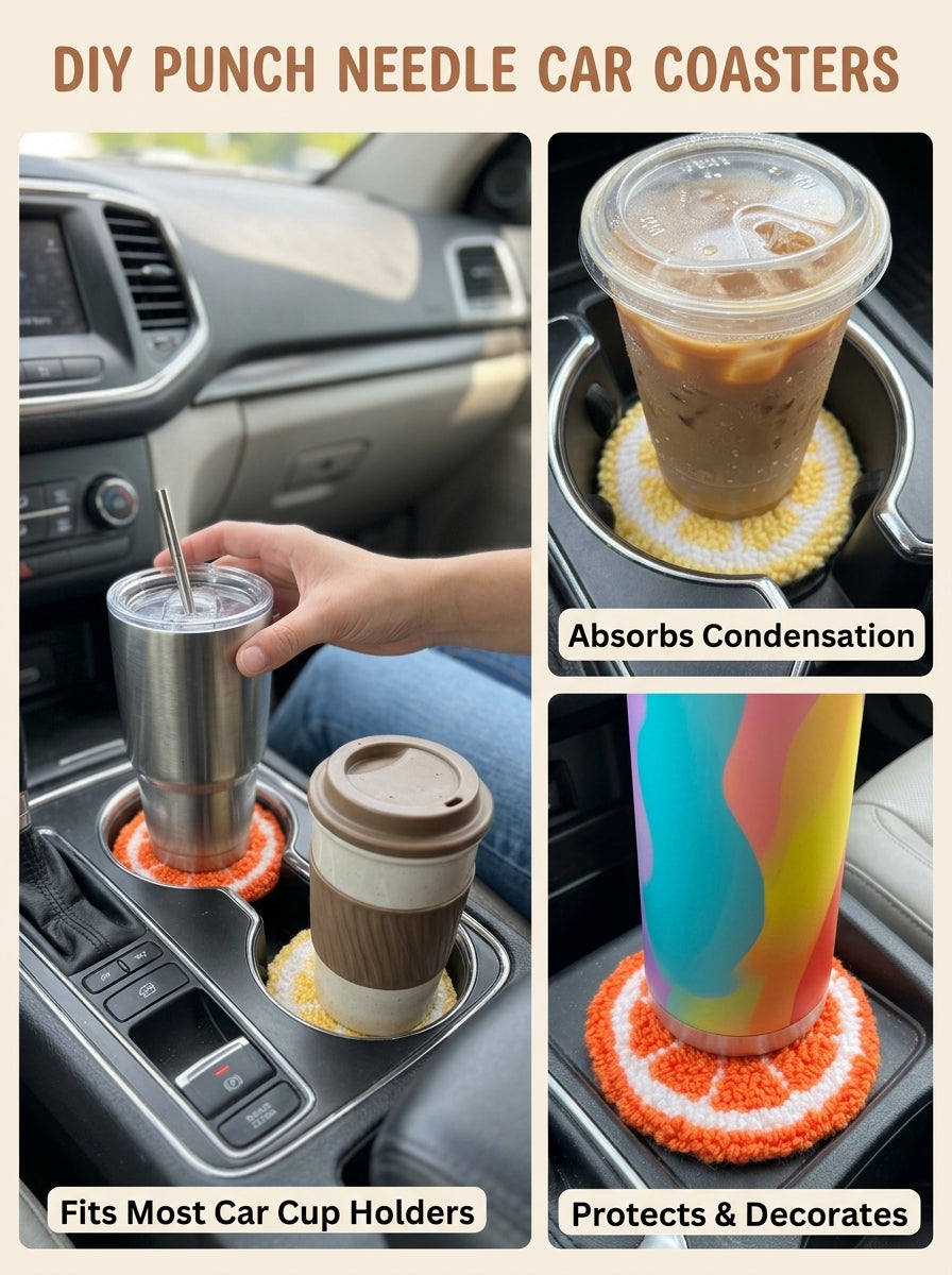 2er-Set DIY-Punch-Needle-Untersetzer für das Auto, süße Obst-Stickerei-Untersetzer für Anfänger, komplettes Bastelset mit Garn, Stickrahmen, Stoff und Werkzeug, handgemachtes Auto-Deko-Geschenk für Jugendliche und Erwachsene