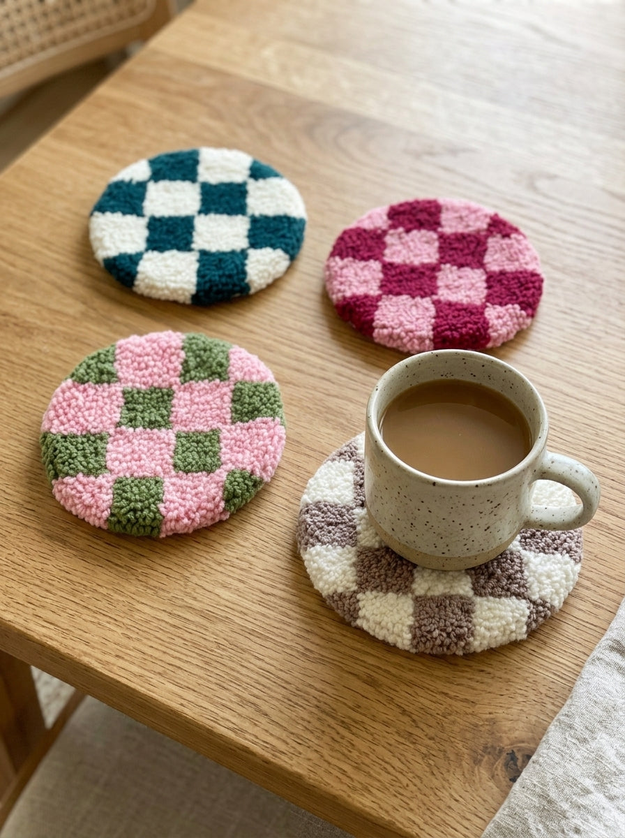 Punch Needle Checkerboard Coaster, 1 Piece Cute Tufted Yarn Cup Mat, Soft Round Checkered Drink Coaster with Handmade Style Texture, Decorative Mug Coaster for Coffee Cups, Tea Cups, Home and Office Decor, Gift for Craft Lovers