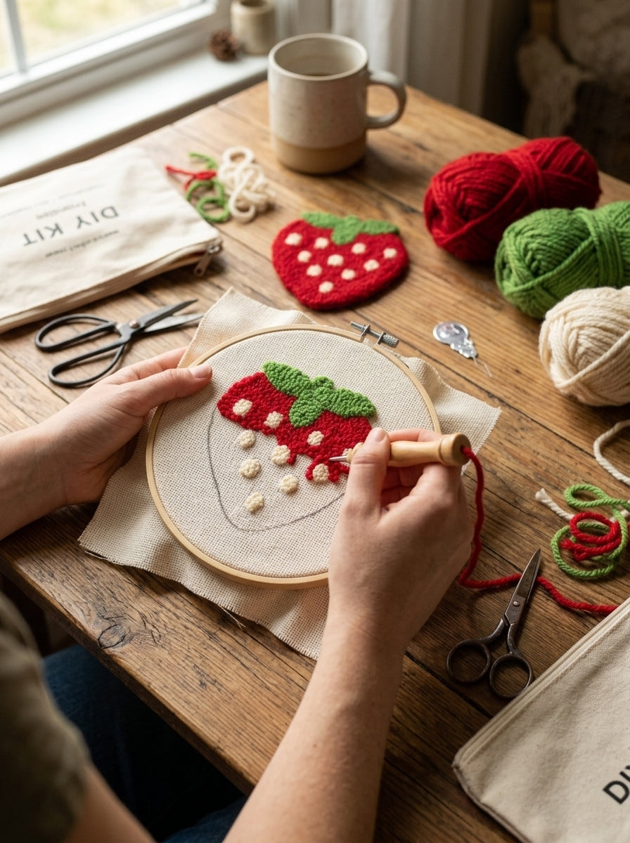 Niedlicher Erdbeer-Punch-Needle-Untersetzer, Kawaii-Frucht-Stickerei-Tassenmatte mit weicher Plüschtextur, handgefertigter Tassenuntersetzer als Couchtisch-Deko, süßes Wohndeko-Geschenk für Frauen, Teenager und Erwachsene