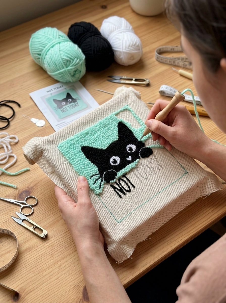 Niedlicher schwarzer Katzen-Punch-Needle-Wandbehang, handgefertigter Stick-Wandteppich mit Kawaii-Katzen-Design, weiche Garn-Faser-Kunst-Deko für Schlafzimmer, Wohnzimmer, Büro und Geschenk für Katzenliebhaber