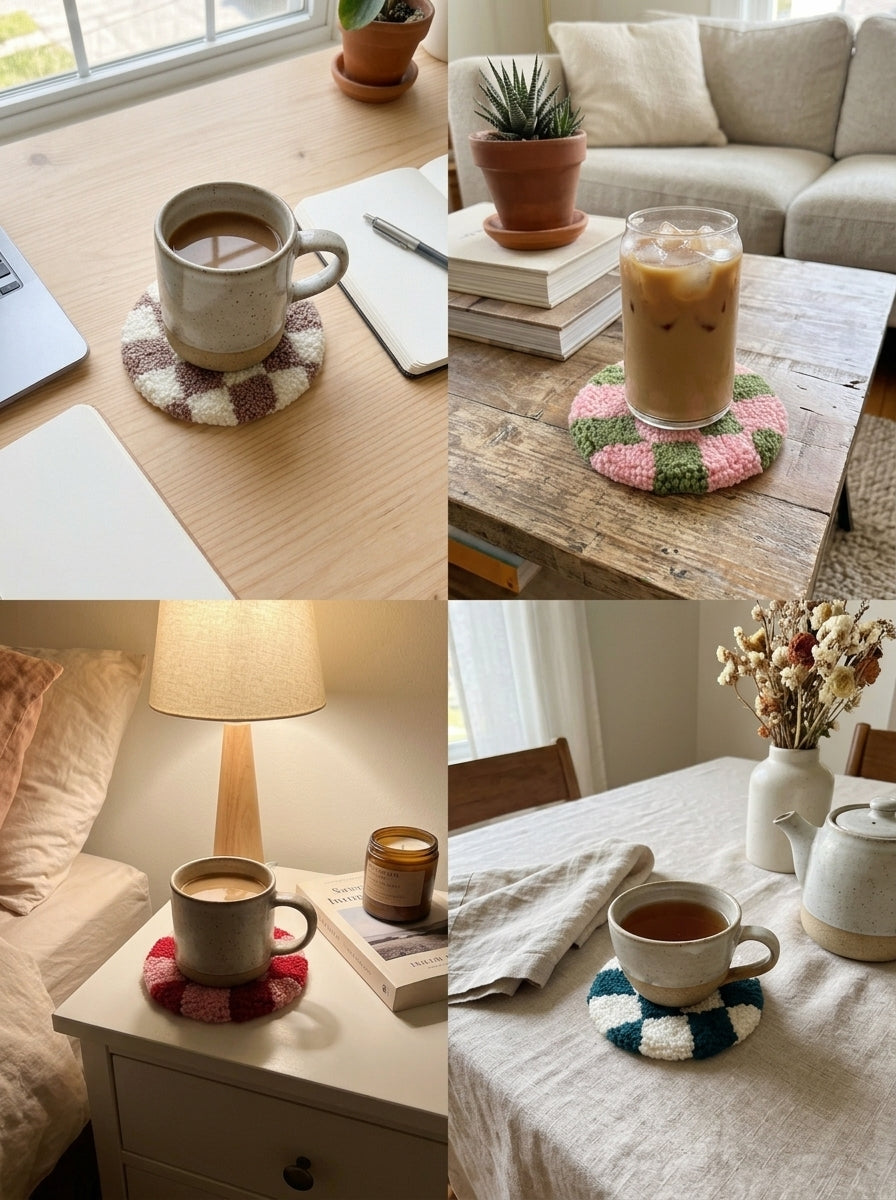 Punch Needle Checkerboard Coaster, 1 Piece Cute Tufted Yarn Cup Mat, Soft Round Checkered Drink Coaster with Handmade Style Texture, Decorative Mug Coaster for Coffee Cups, Tea Cups, Home and Office Decor, Gift for Craft Lovers