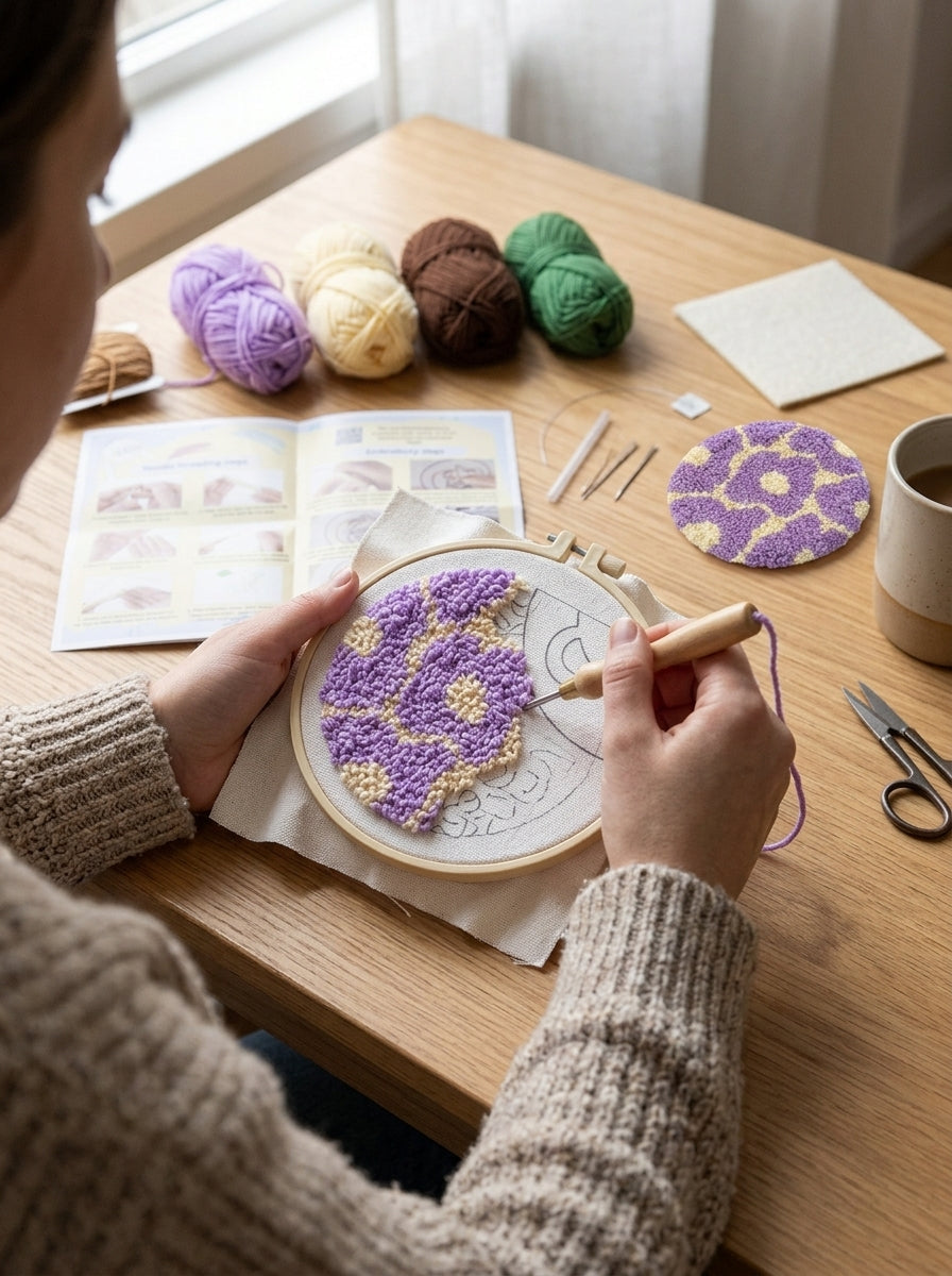 Punch Needle Coasters, 3 Styles Textured Tufted Yarn Drink Mats, Cute Handmade Style Round Cup Coasters for Coffee Mugs, Tea Cups, Kitchen Table Decor, Office Accessories and Gifts for Craft Lovers