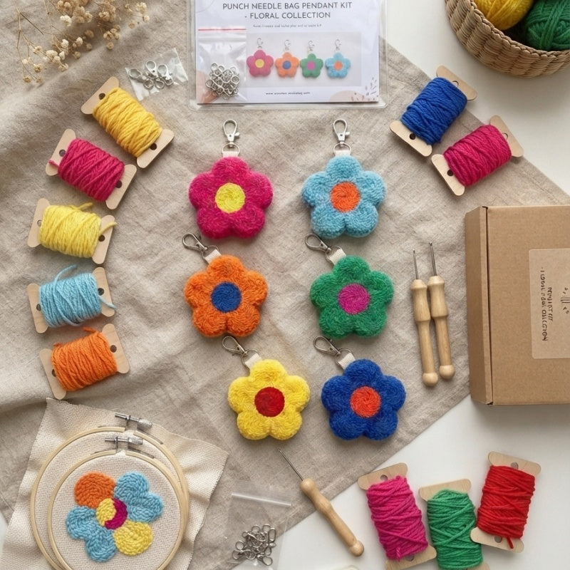 6-piece colorful flower bag pendant, cute poke embroidered flower keychain set, plush flower bag accessories with metal buckle, suitable for ladies, teenagers and girls atmosphere backpack pendant