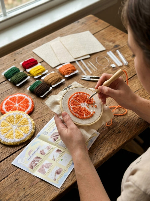 2 Pack DIY Punch Needle Car Coaster Kit, Cute Fruit Embroidery Cup Holder Coasters for Beginners, Complete Craft Set with Yarn, Hoop, Fabric and Tools, Handmade Car Decor Gift for Teens and Adults