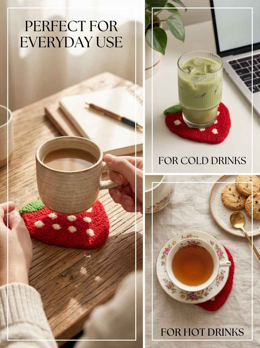 Niedlicher Erdbeer-Punch-Needle-Untersetzer, Kawaii-Frucht-Stickerei-Tassenmatte mit weicher Plüschtextur, handgefertigter Tassenuntersetzer als Couchtisch-Deko, süßes Wohndeko-Geschenk für Frauen, Teenager und Erwachsene