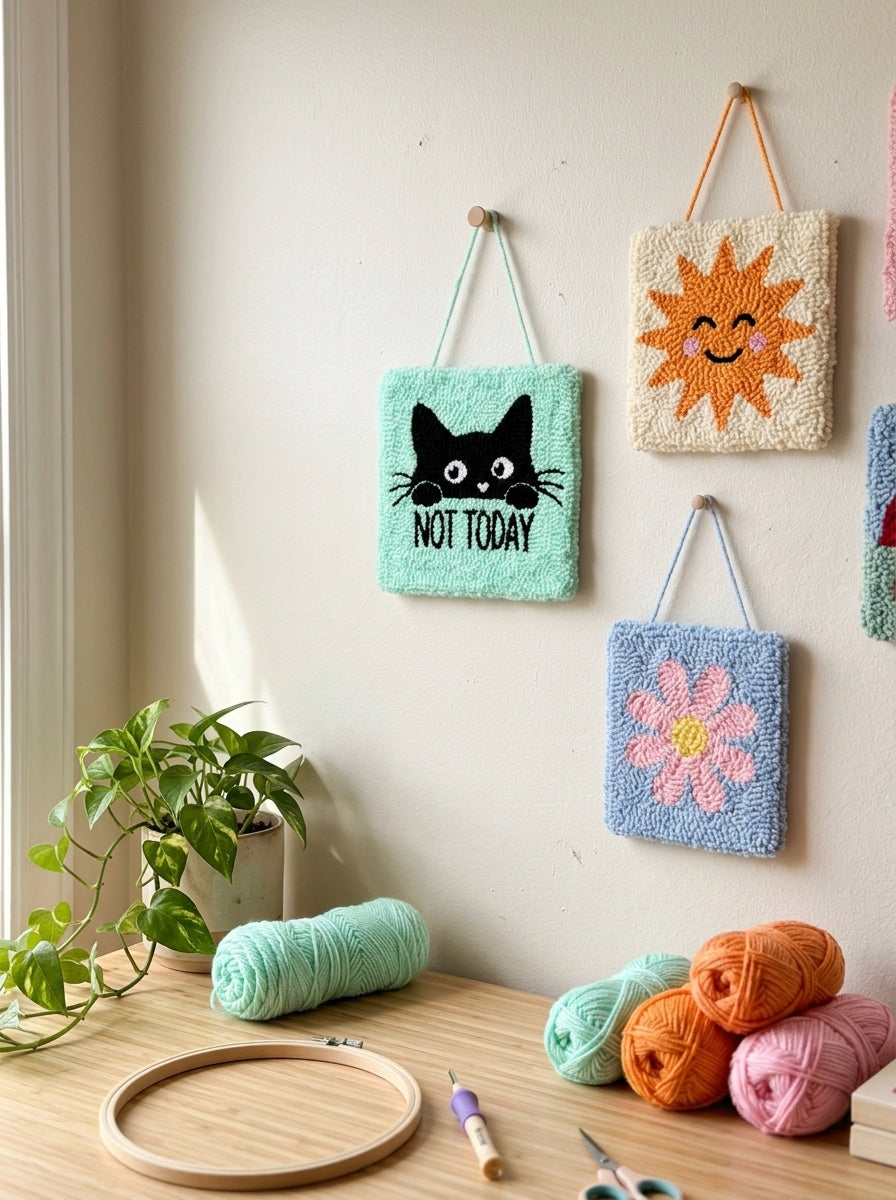 Niedlicher schwarzer Katzen-Punch-Needle-Wandbehang, handgefertigter Stick-Wandteppich mit Kawaii-Katzen-Design, weiche Garn-Faser-Kunst-Deko für Schlafzimmer, Wohnzimmer, Büro und Geschenk für Katzenliebhaber