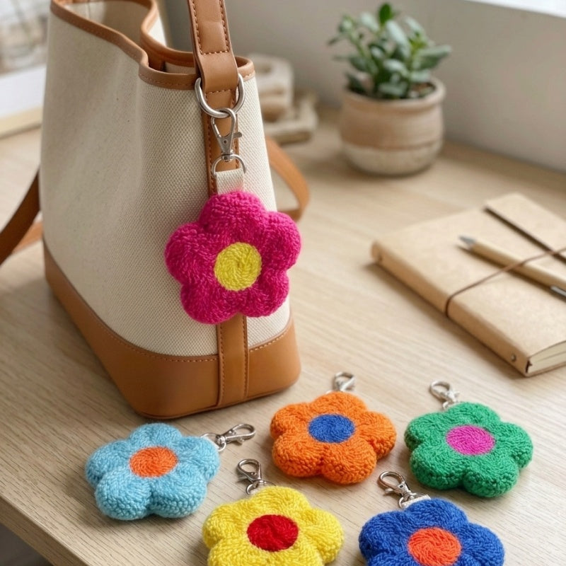 6-piece colorful flower bag pendant, cute poke embroidered flower keychain set, plush flower bag accessories with metal buckle, suitable for ladies, teenagers and girls atmosphere backpack pendant