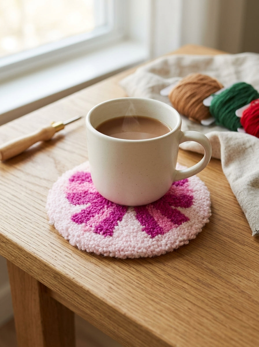Cute Pink Bow Punch Needle Coaster, Kawaii Embroidery Mug Mat with Soft Textured Yarn, Coquette Style Drink Coaster for Coffee Cups, Aesthetic Desk and Home Decor, Gift for Women and Teens