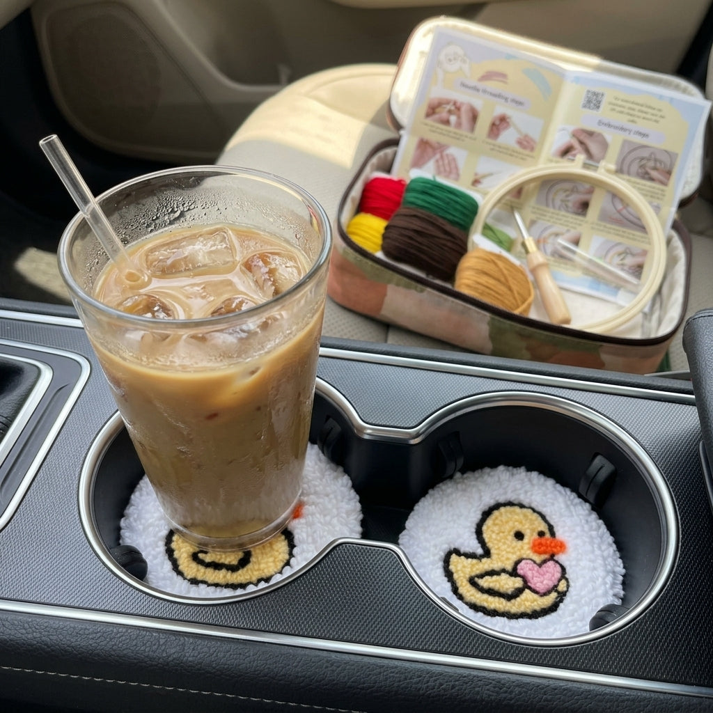 2er-Set DIY-Punch-Needle-Untersetzer für das Auto, süßes Enten-Stickset für Anfänger, komplettes Punch-Needle-Bastelset mit Garn, bedrucktem Stoff, Stickrahmen und Werkzeug, handgemachtes Geschenk für Jugendliche und Erwachsene
