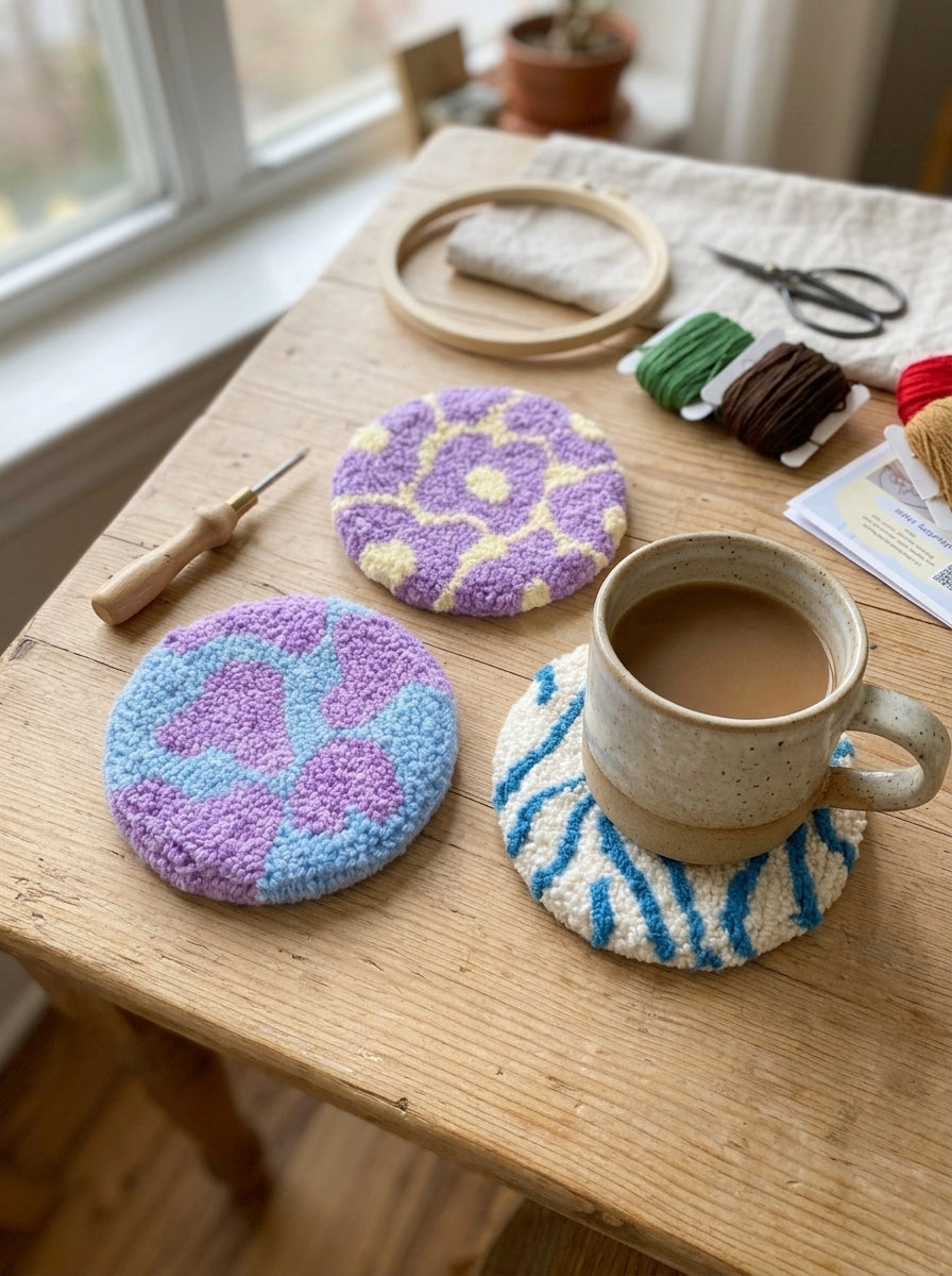 Punch Needle Coasters, 3 Styles Textured Tufted Yarn Drink Mats, Cute Handmade Style Round Cup Coasters for Coffee Mugs, Tea Cups, Kitchen Table Decor, Office Accessories and Gifts for Craft Lovers