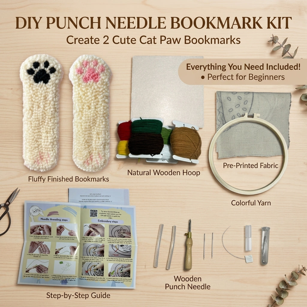 2-teiliges Katzenpfoten-Punch-Needle-Lesezeichen-Set, DIY-Stickset mit buntem Garn, Stickrahmen, bedrucktem Stoff und Punch-Needle-Werkzeugen, Bastelset für Anfänger, Erwachsene und Jugendliche