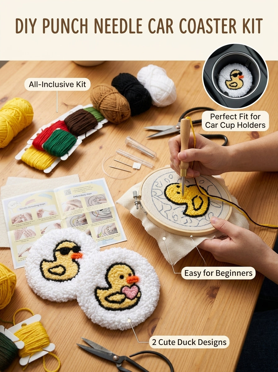 2er-Set DIY-Punch-Needle-Untersetzer für das Auto, süßes Enten-Stickset für Anfänger, komplettes Punch-Needle-Bastelset mit Garn, bedrucktem Stoff, Stickrahmen und Werkzeug, handgemachtes Geschenk für Jugendliche und Erwachsene