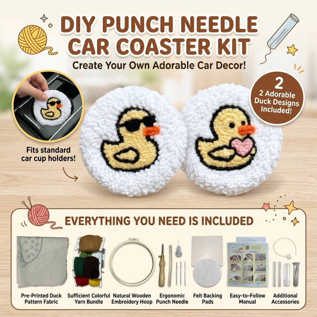 2er-Set DIY-Punch-Needle-Untersetzer für das Auto, süßes Enten-Stickset für Anfänger, komplettes Punch-Needle-Bastelset mit Garn, bedrucktem Stoff, Stickrahmen und Werkzeug, handgemachtes Geschenk für Jugendliche und Erwachsene