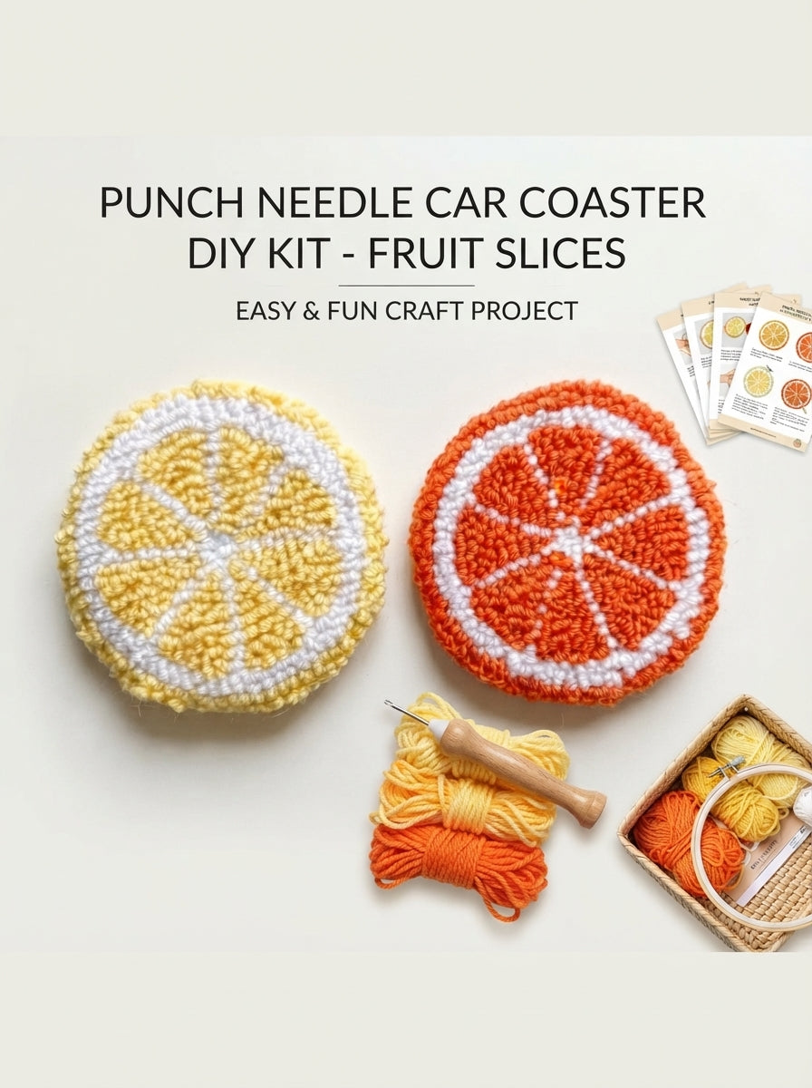 2er-Set DIY-Punch-Needle-Untersetzer für das Auto, süße Obst-Stickerei-Untersetzer für Anfänger, komplettes Bastelset mit Garn, Stickrahmen, Stoff und Werkzeug, handgemachtes Auto-Deko-Geschenk für Jugendliche und Erwachsene