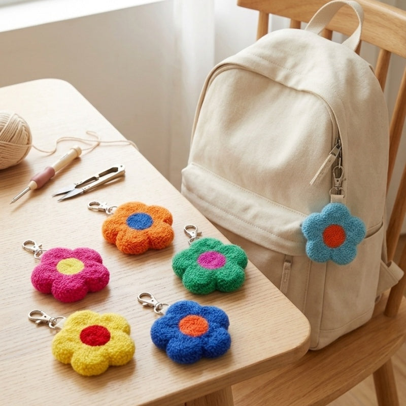 6-piece colorful flower bag pendant, cute poke embroidered flower keychain set, plush flower bag accessories with metal buckle, suitable for ladies, teenagers and girls atmosphere backpack pendant
