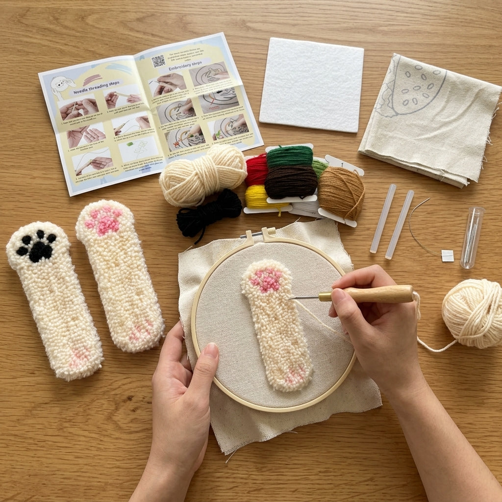 2-teiliges Katzenpfoten-Punch-Needle-Lesezeichen-Set, DIY-Stickset mit buntem Garn, Stickrahmen, bedrucktem Stoff und Punch-Needle-Werkzeugen, Bastelset für Anfänger, Erwachsene und Jugendliche