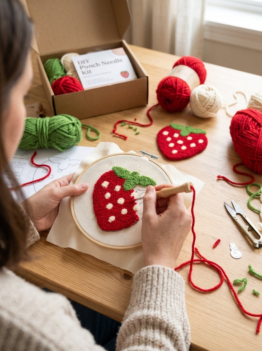 Niedlicher Erdbeer-Punch-Needle-Untersetzer, Kawaii-Frucht-Stickerei-Tassenmatte mit weicher Plüschtextur, handgefertigter Tassenuntersetzer als Couchtisch-Deko, süßes Wohndeko-Geschenk für Frauen, Teenager und Erwachsene