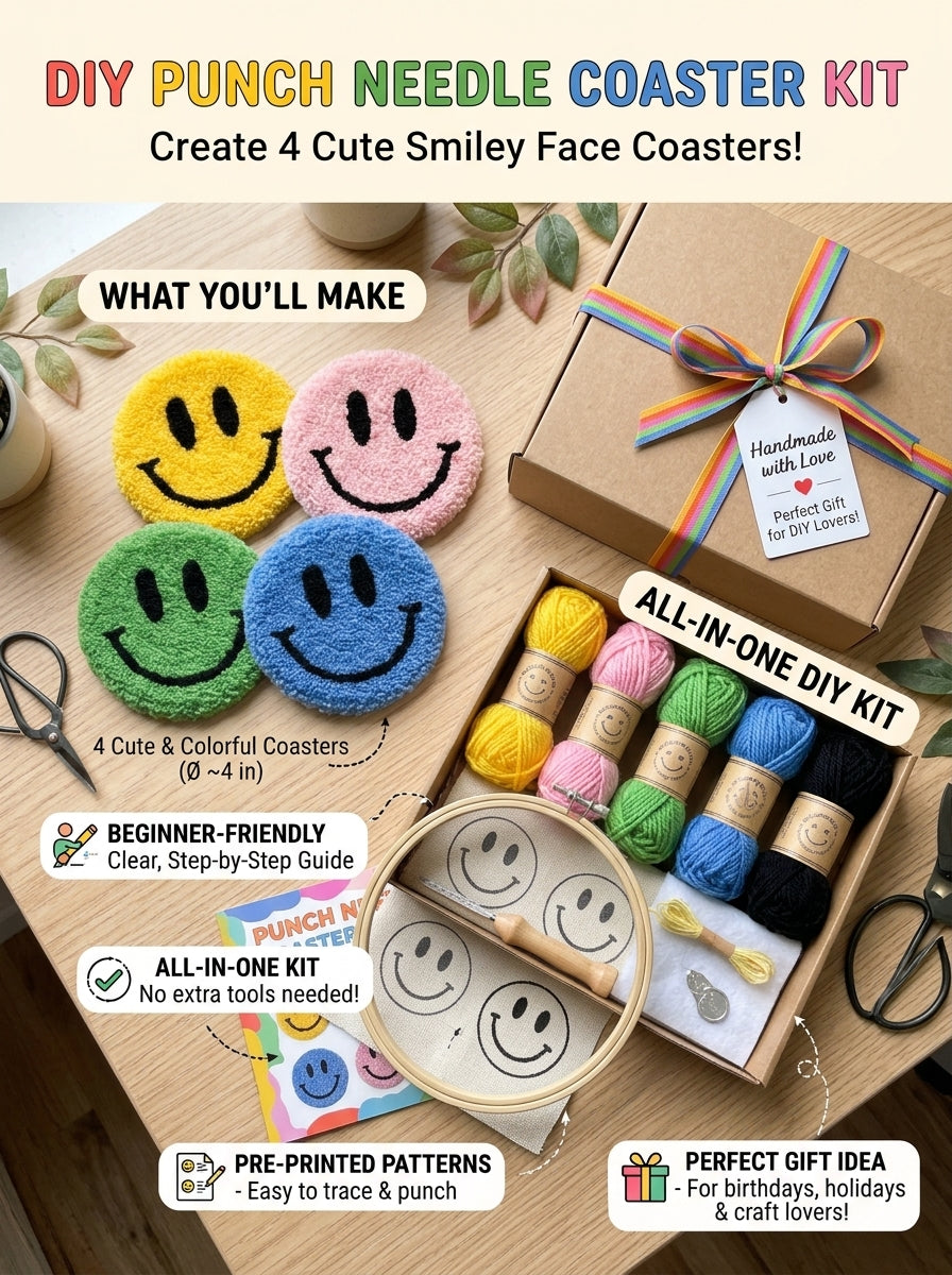 Punch Needle Smiley Face Coaster, 1 Piece Cute Tufted Yarn Drink Mat, Soft Round Happy Face Cup Coaster with Handmade Style Texture, Decorative Mug Coaster for Coffee Cups, Tea Cups, Home and Office Decor, Cute Gift for Craft Lovers